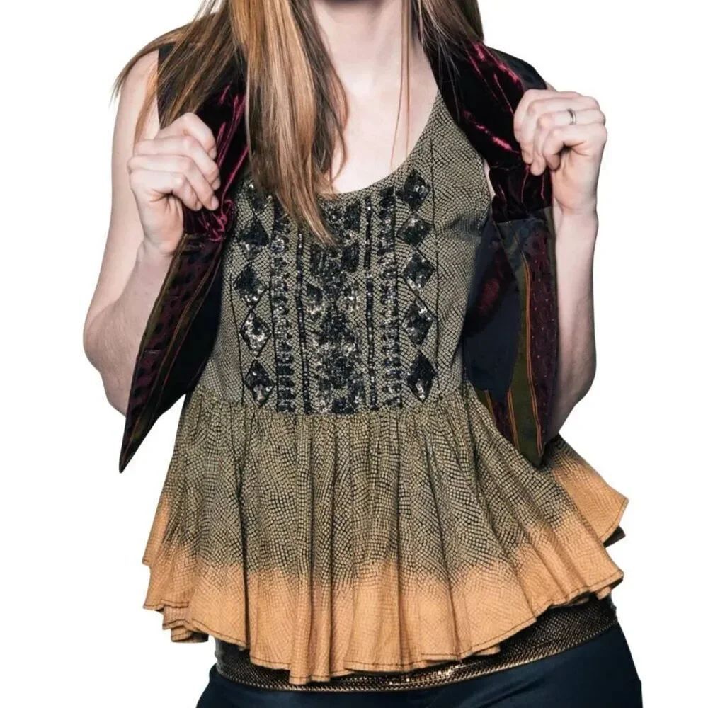 Anthropologie Akemi + Kin Top Women's XS Beaded Peplum Swing Boho Gypsy Date